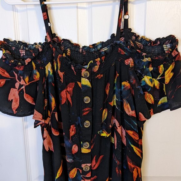 Torrid Smocked Cold-Shoulder Blouse Black Leaf Print - size 2X (18/20) - Picture 5 of 11